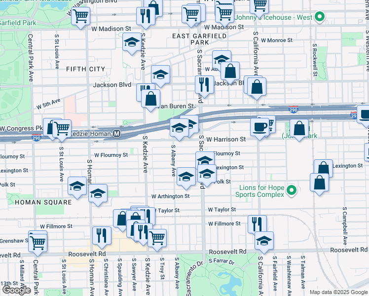 map of restaurants, bars, coffee shops, grocery stores, and more near 3027 West Flournoy Street in Chicago