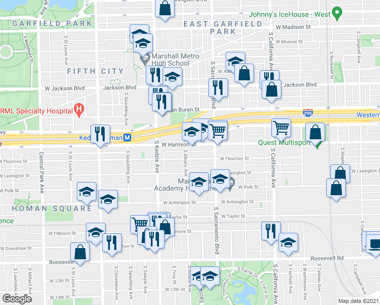 map of restaurants, bars, coffee shops, grocery stores, and more near 3101 West Flournoy Street in Chicago