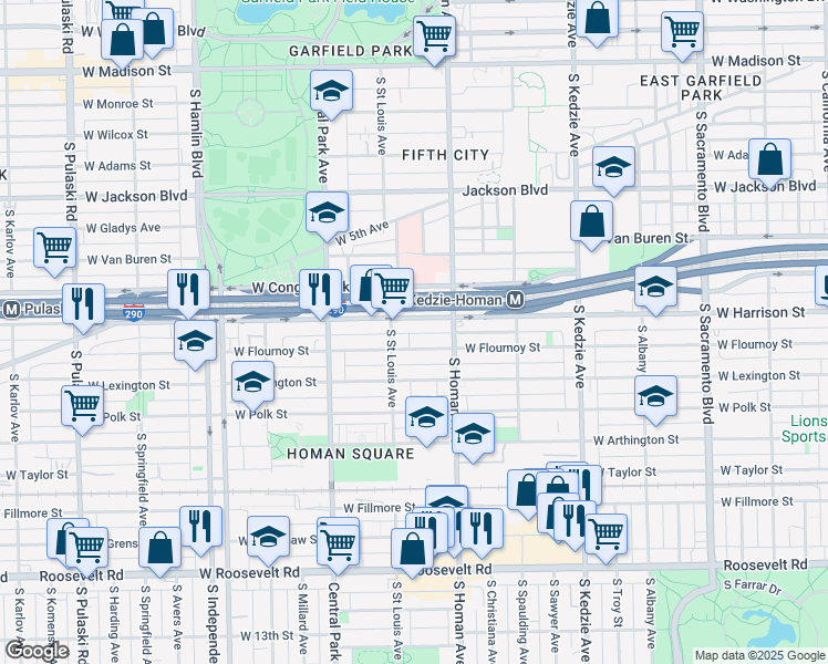 map of restaurants, bars, coffee shops, grocery stores, and more near 3441 West Flournoy Street in Chicago