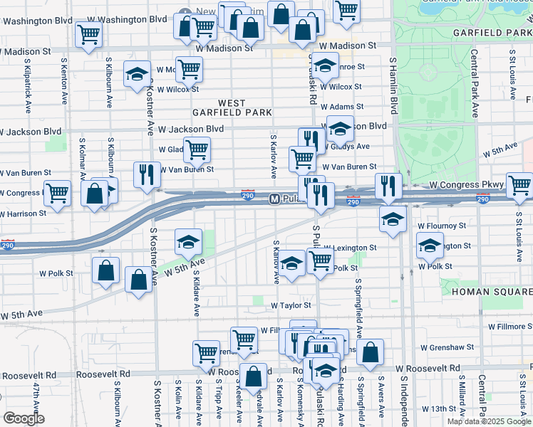 map of restaurants, bars, coffee shops, grocery stores, and more near 628 South Kedvale Avenue in Chicago