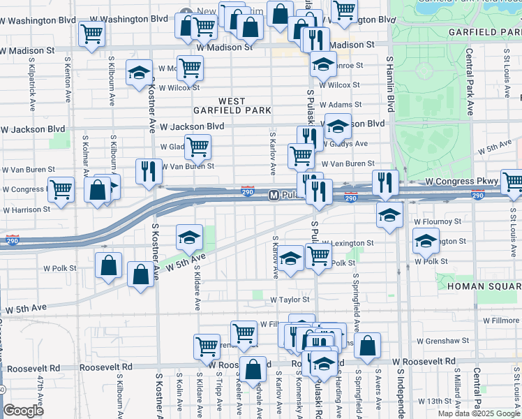 map of restaurants, bars, coffee shops, grocery stores, and more near 628 South Kedvale Avenue in Chicago