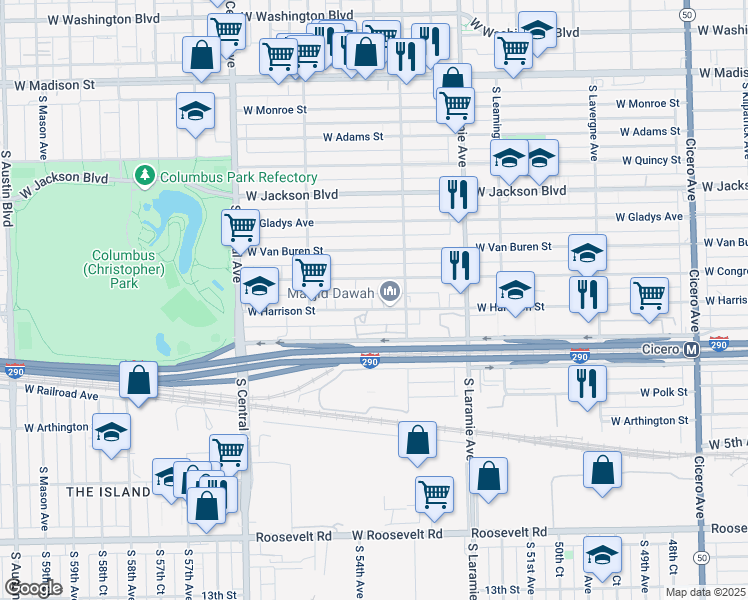 map of restaurants, bars, coffee shops, grocery stores, and more near 5401 West Harrison Street in Chicago