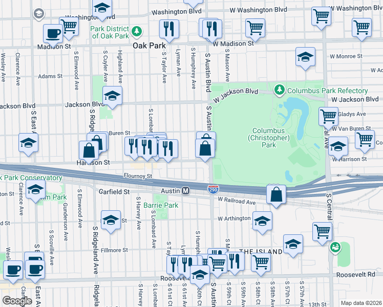 map of restaurants, bars, coffee shops, grocery stores, and more near 908 South Humphrey Avenue in Oak Park