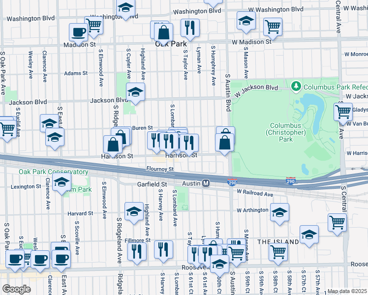 map of restaurants, bars, coffee shops, grocery stores, and more near 139 Harrison Street in Oak Park