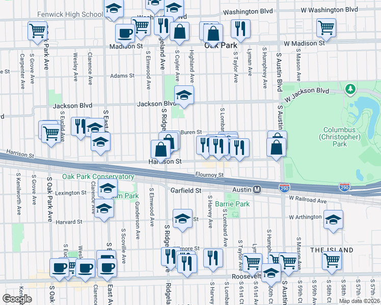 map of restaurants, bars, coffee shops, grocery stores, and more near 900 Highland Avenue in Oak Park