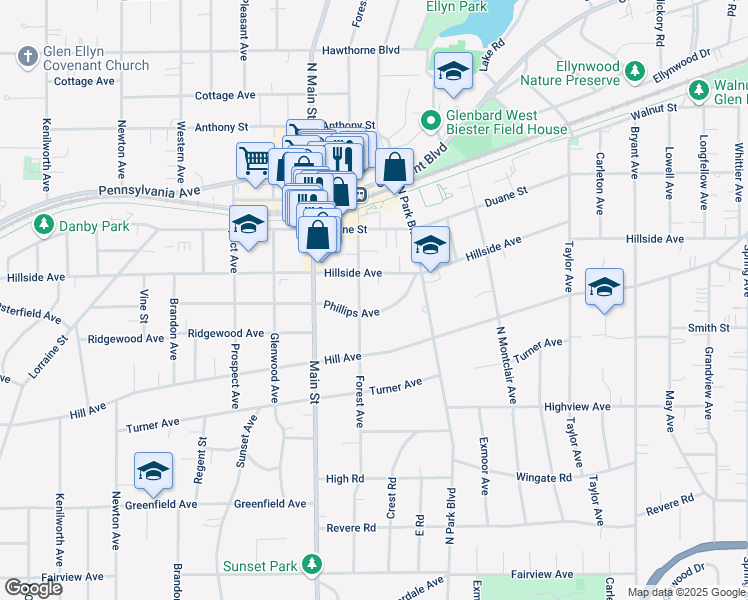 map of restaurants, bars, coffee shops, grocery stores, and more near 577 Phillips Avenue in Glen Ellyn