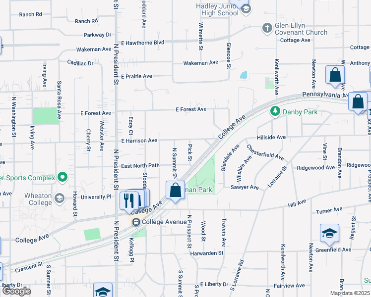 map of restaurants, bars, coffee shops, grocery stores, and more near 810 Pick Street in Wheaton