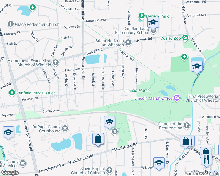 map of restaurants, bars, coffee shops, grocery stores, and more near S9 Cottonwood Drive in Wheaton