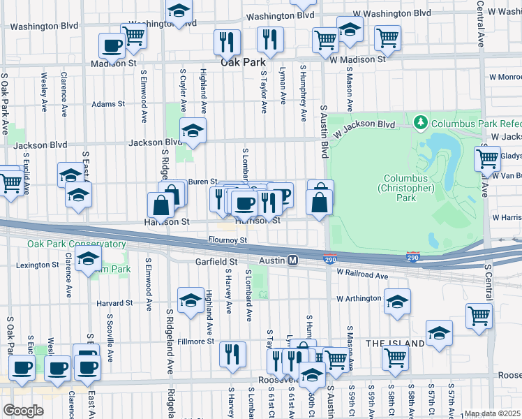 map of restaurants, bars, coffee shops, grocery stores, and more near 139 Harrison Street in Oak Park
