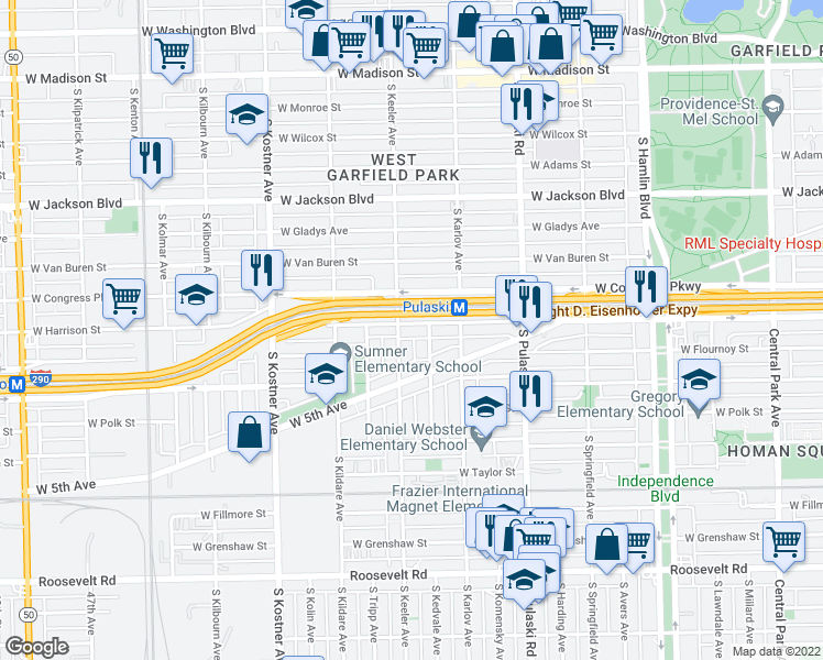 map of restaurants, bars, coffee shops, grocery stores, and more near 4149 West Harrison Street in Chicago