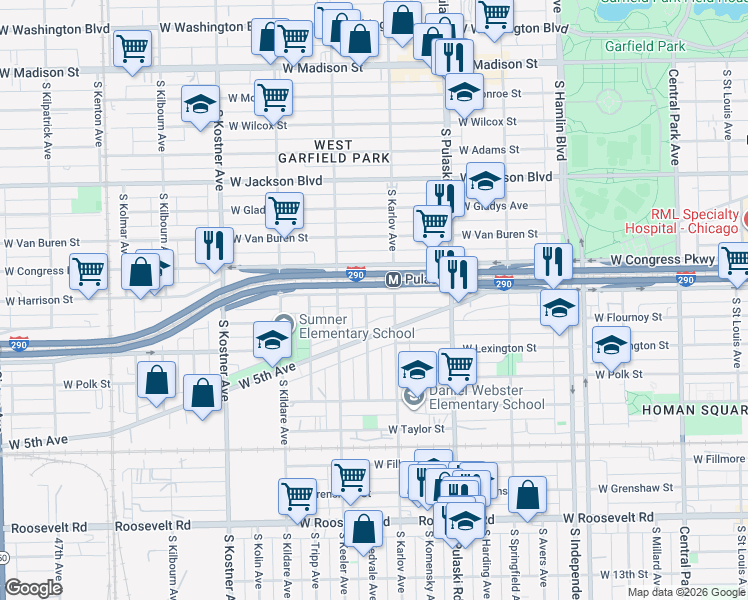 map of restaurants, bars, coffee shops, grocery stores, and more near 628 South Kedvale Avenue in Chicago