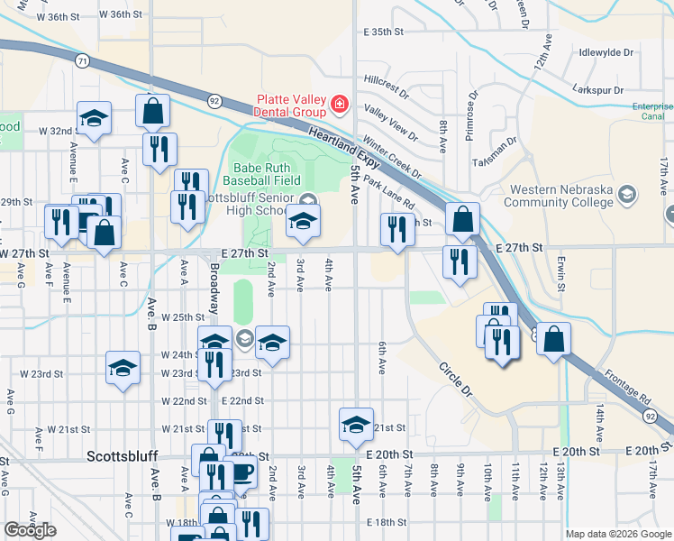 map of restaurants, bars, coffee shops, grocery stores, and more near 410 East 26th Street in Scottsbluff