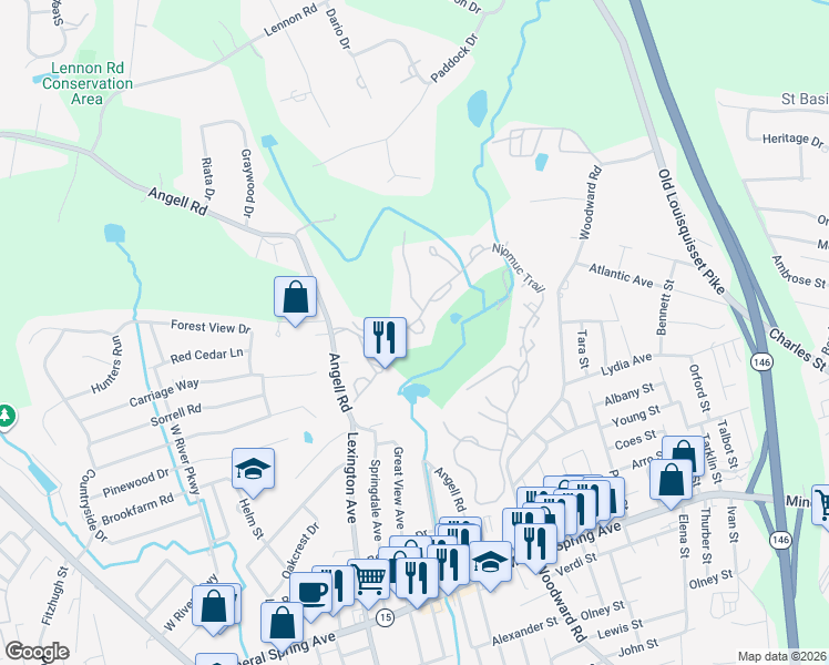 map of restaurants, bars, coffee shops, grocery stores, and more near 10A Cutters Green in North Providence