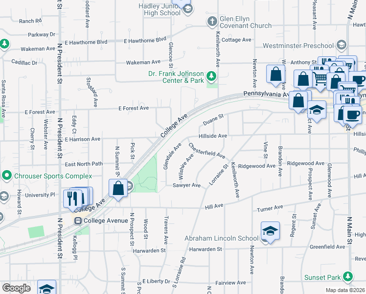 map of restaurants, bars, coffee shops, grocery stores, and more near 570 Wilshire Avenue in Glen Ellyn