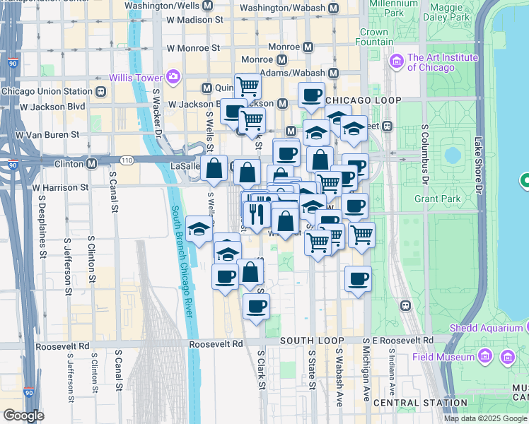 map of restaurants, bars, coffee shops, grocery stores, and more near 717 South Clark Street in Chicago