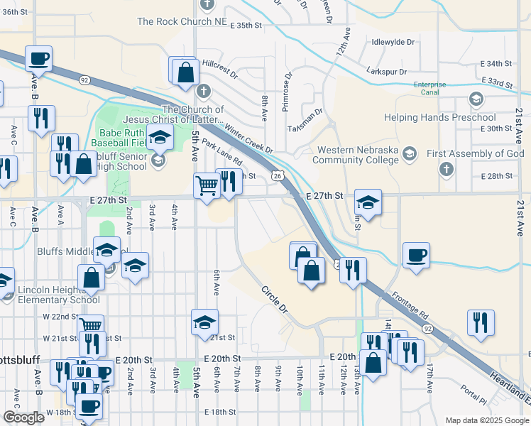 map of restaurants, bars, coffee shops, grocery stores, and more near 802 East 27th Street in Scottsbluff