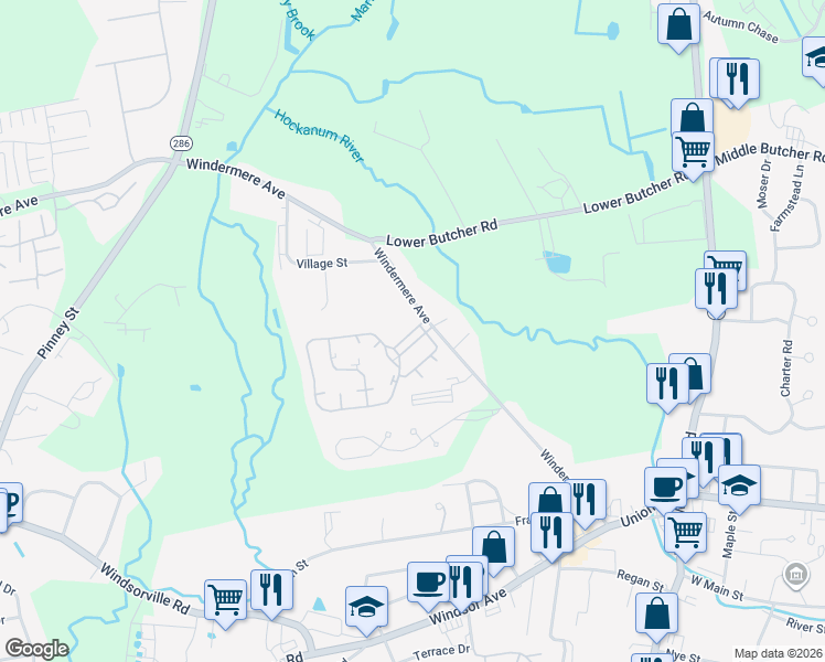 map of restaurants, bars, coffee shops, grocery stores, and more near 26 Windermere Village Road in Ellington