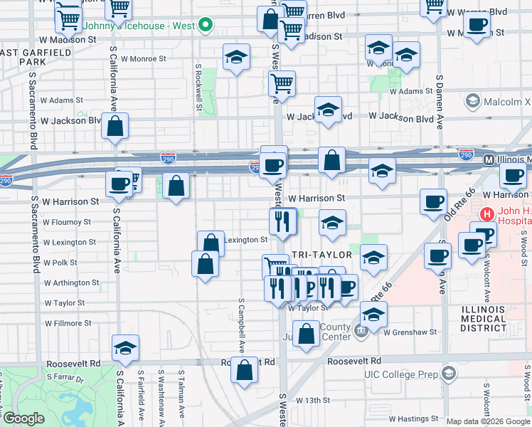 map of restaurants, bars, coffee shops, grocery stores, and more near 2416 West Lexington Street in Chicago