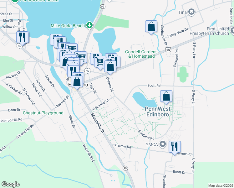 map of restaurants, bars, coffee shops, grocery stores, and more near 115-119 Ontario Street in Edinboro