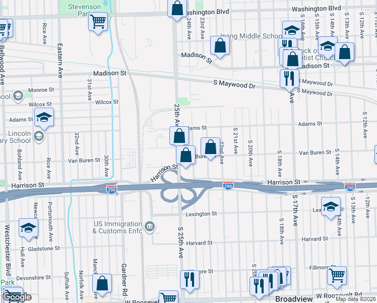 map of restaurants, bars, coffee shops, grocery stores, and more near 1020 24th Avenue in Bellwood