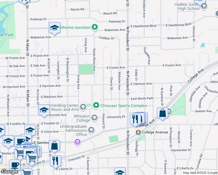 map of restaurants, bars, coffee shops, grocery stores, and more near 820 Cherry Street in Wheaton