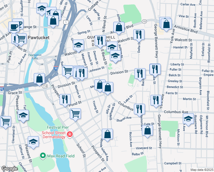 map of restaurants, bars, coffee shops, grocery stores, and more near 216 Meadow Street in Pawtucket