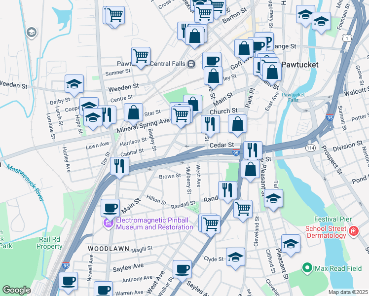 map of restaurants, bars, coffee shops, grocery stores, and more near 31 Mulberry Street in Pawtucket