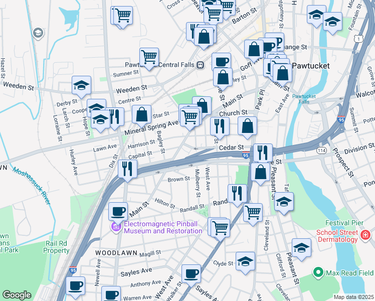 map of restaurants, bars, coffee shops, grocery stores, and more near 31 Mulberry Street in Pawtucket