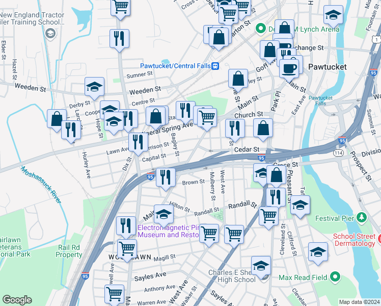 map of restaurants, bars, coffee shops, grocery stores, and more near 146 Harrison Street in Pawtucket