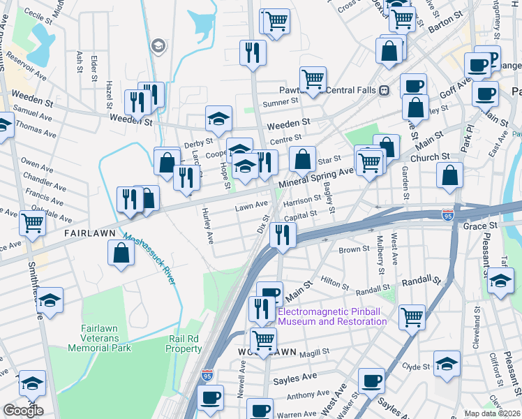 map of restaurants, bars, coffee shops, grocery stores, and more near 286 Mineral Spring Avenue in Pawtucket