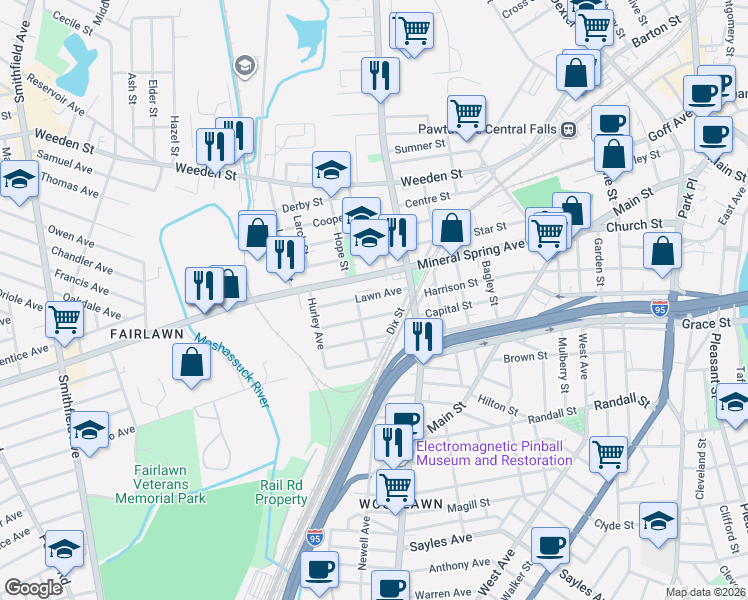 map of restaurants, bars, coffee shops, grocery stores, and more near 286 Mineral Spring Avenue in Pawtucket