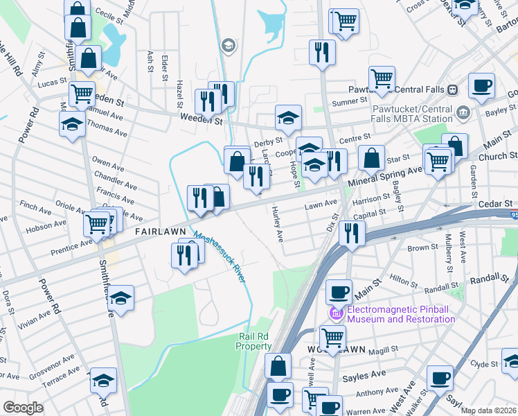 map of restaurants, bars, coffee shops, grocery stores, and more near 459 Mineral Spring Avenue in Pawtucket