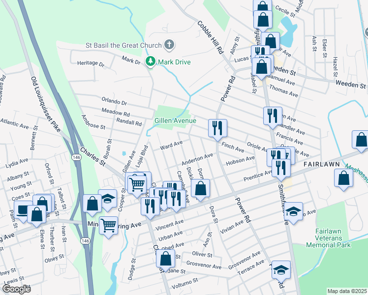 map of restaurants, bars, coffee shops, grocery stores, and more near 55 Dickinson Avenue in North Providence