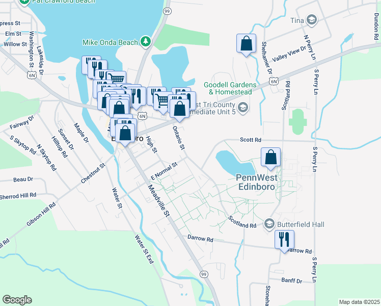 map of restaurants, bars, coffee shops, grocery stores, and more near 115-119 Ontario Street in Edinboro