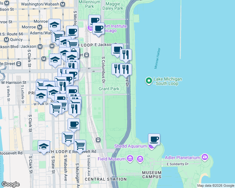 map of restaurants, bars, coffee shops, grocery stores, and more near South Lake Shore Drive in Chicago