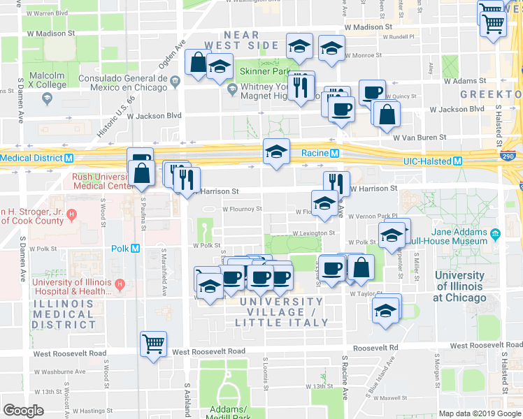 map of restaurants, bars, coffee shops, grocery stores, and more near 601 South Loomis Street in Chicago