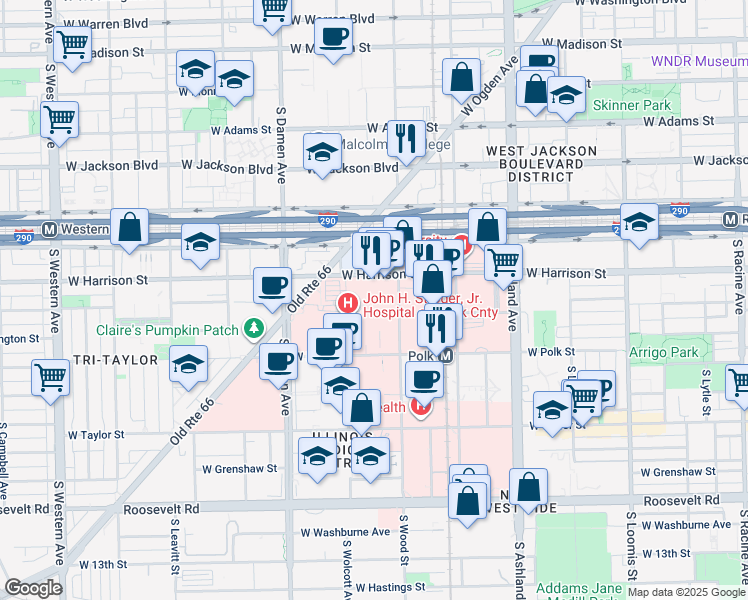 map of restaurants, bars, coffee shops, grocery stores, and more near 1837 West Harrison Street in Chicago