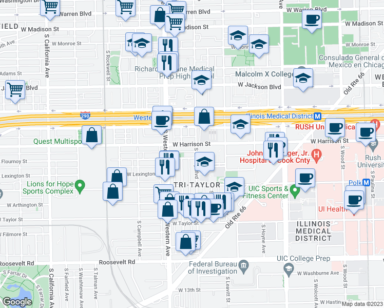 map of restaurants, bars, coffee shops, grocery stores, and more near 2304 West Harrison Street in Chicago