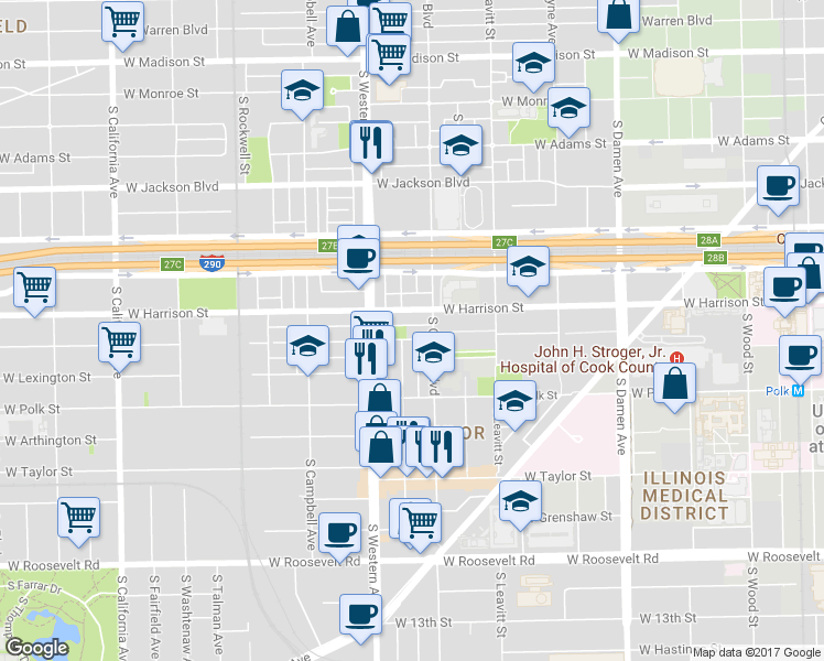 map of restaurants, bars, coffee shops, grocery stores, and more near 2304 West Harrison Street in Chicago