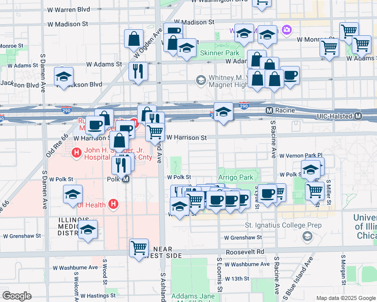map of restaurants, bars, coffee shops, grocery stores, and more near W Flournoy St & S Laflin St in Chicago
