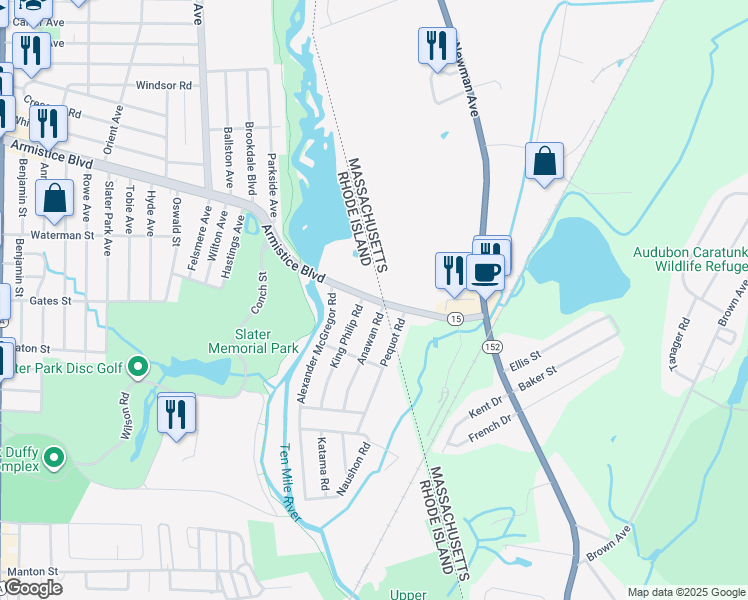 map of restaurants, bars, coffee shops, grocery stores, and more near 81 Armistice Boulevard in Pawtucket