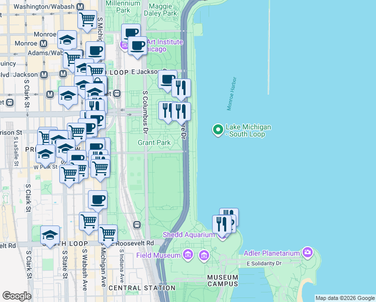 map of restaurants, bars, coffee shops, grocery stores, and more near 545 South Lake Shore Drive in Chicago