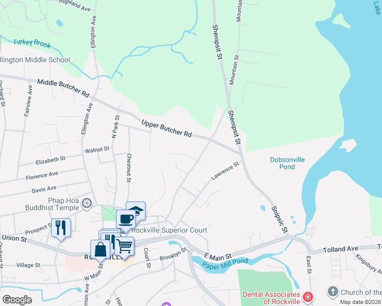 map of restaurants, bars, coffee shops, grocery stores, and more near 23 Upper Butcher Road in Ellington