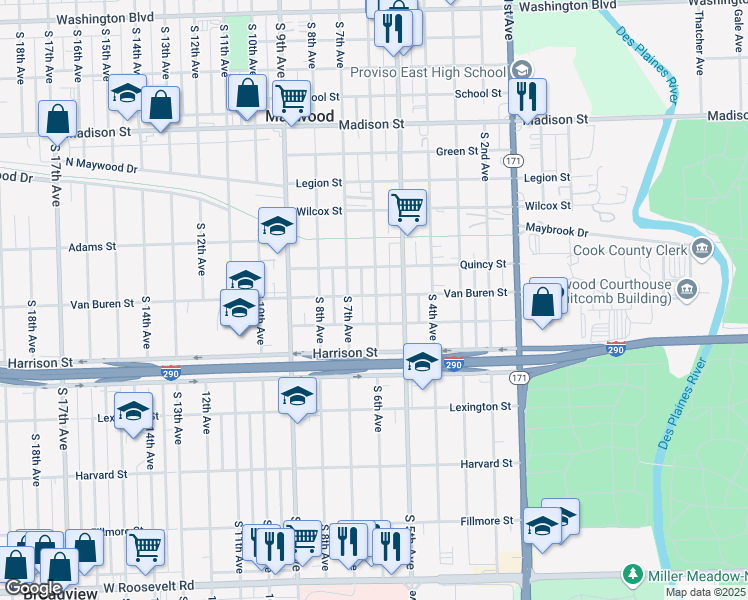 map of restaurants, bars, coffee shops, grocery stores, and more near in Maywood