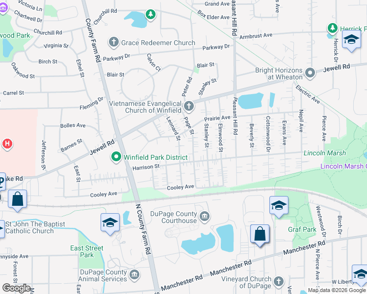 map of restaurants, bars, coffee shops, grocery stores, and more near 26W365 Prairie Avenue in Winfield