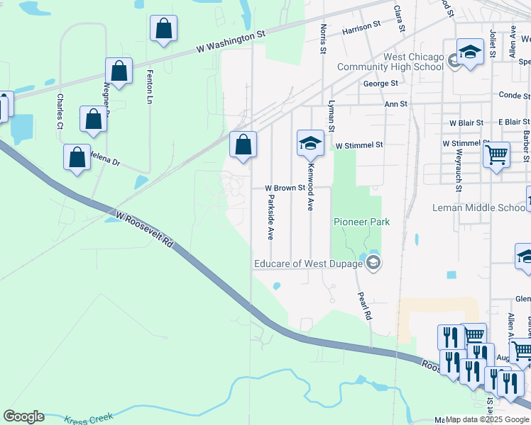 map of restaurants, bars, coffee shops, grocery stores, and more near 706 Parkside Avenue in West Chicago