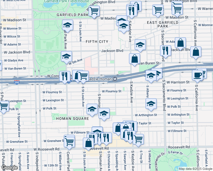 map of restaurants, bars, coffee shops, grocery stores, and more near 3328 West Harrison Street in Chicago