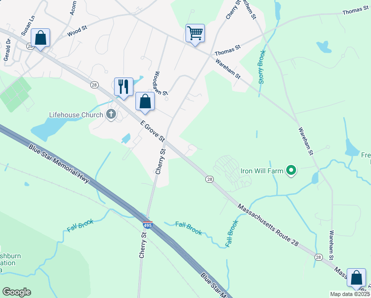 map of restaurants, bars, coffee shops, grocery stores, and more near 138 East Grove Street in Middleborough