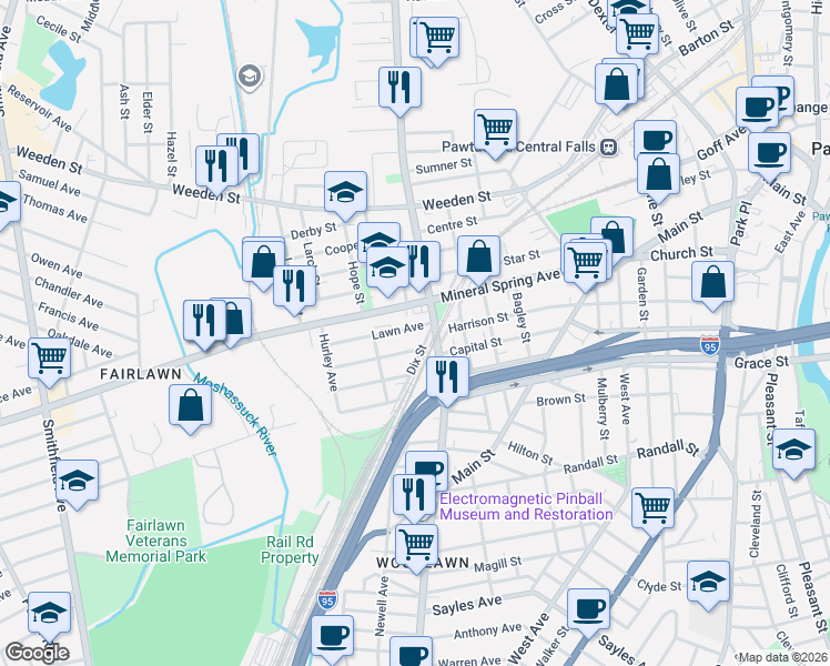 map of restaurants, bars, coffee shops, grocery stores, and more near 286 Mineral Spring Avenue in Pawtucket