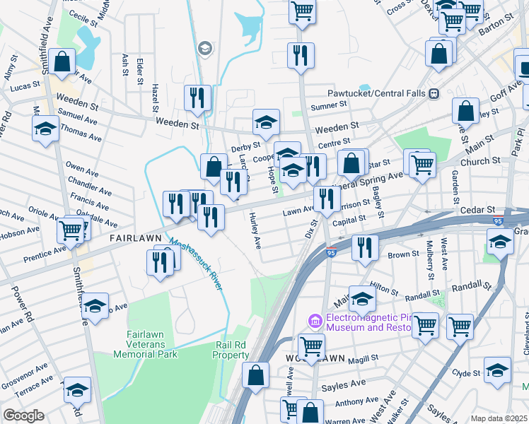 map of restaurants, bars, coffee shops, grocery stores, and more near 415 Mineral Spring Avenue in Pawtucket